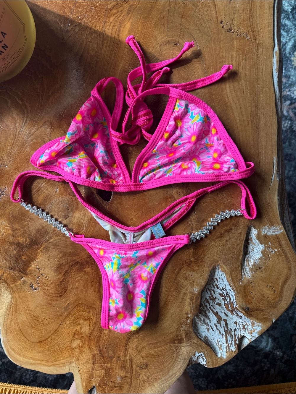 Pink Floral Triangle Bikini Set with Rhinestone Accent
